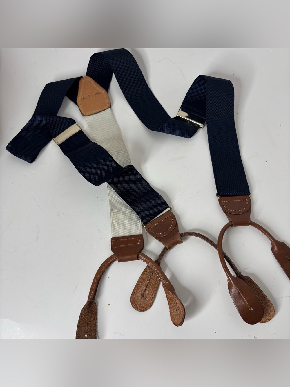 Brooks Brothers Suspenders Navy Blue With Leather Trim Made in England